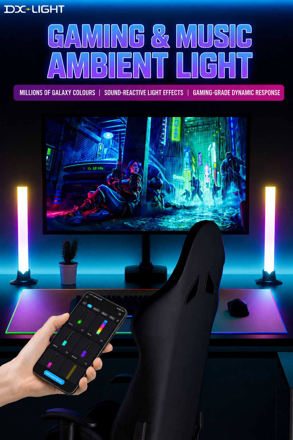 Gaming music ambient light bars with glowing vertical LEDs and wireless controller