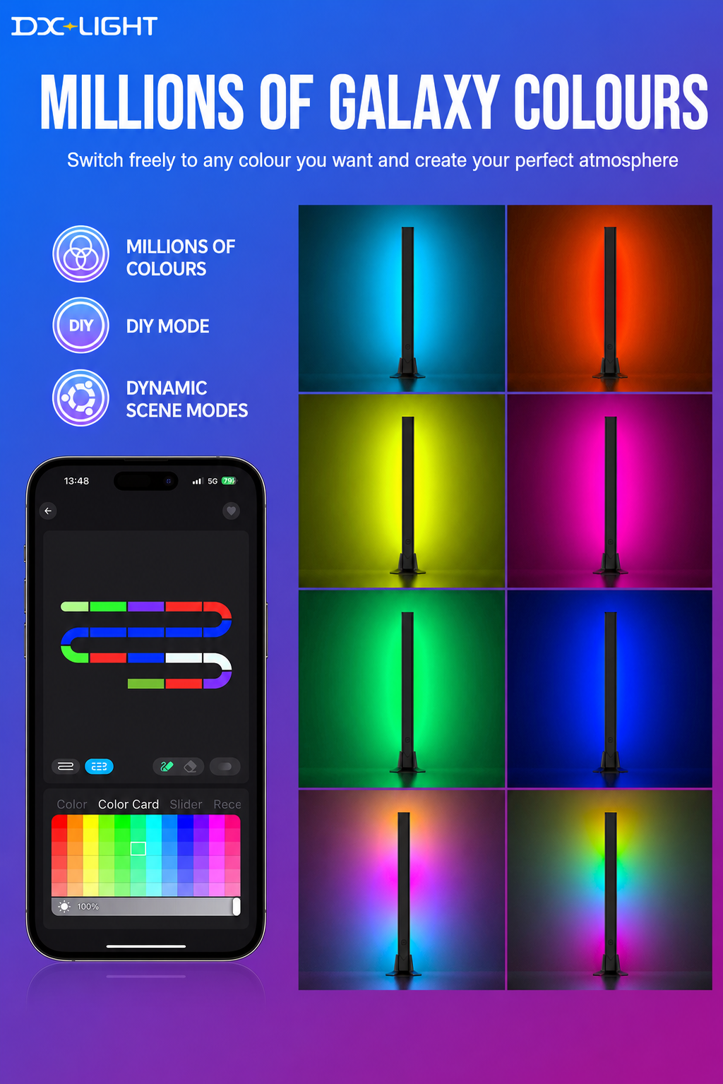 RGB ambient light bars in color-mode grid, two glowing vertical bars on bases