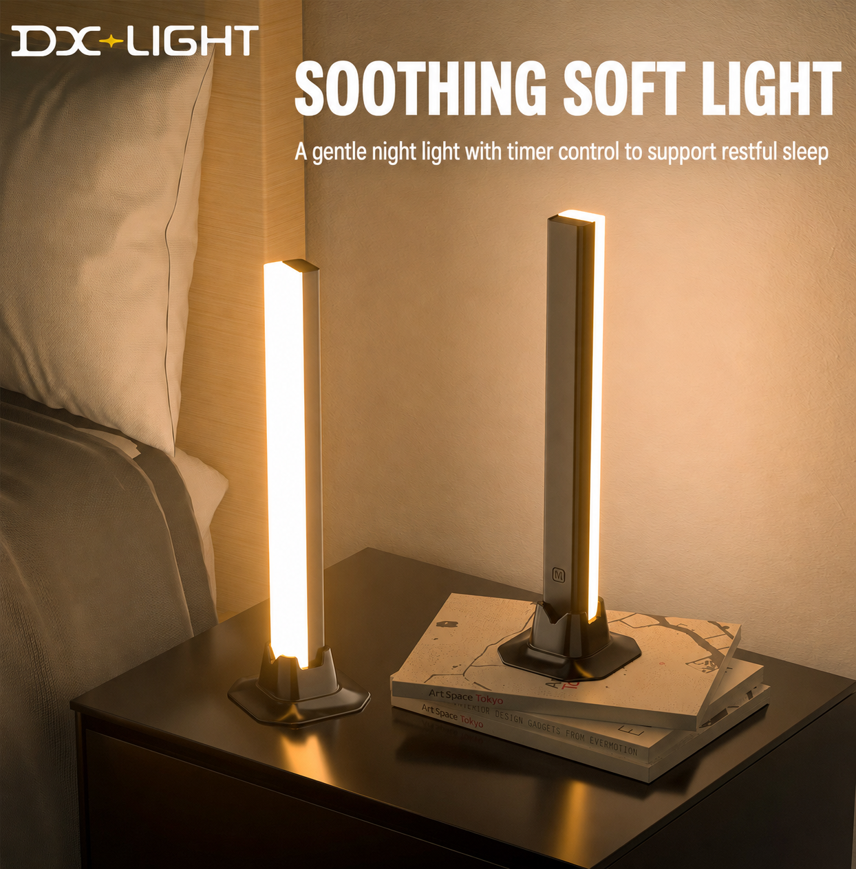 Warm white ambient light bars with two vertical LED tubes on bedside table stands