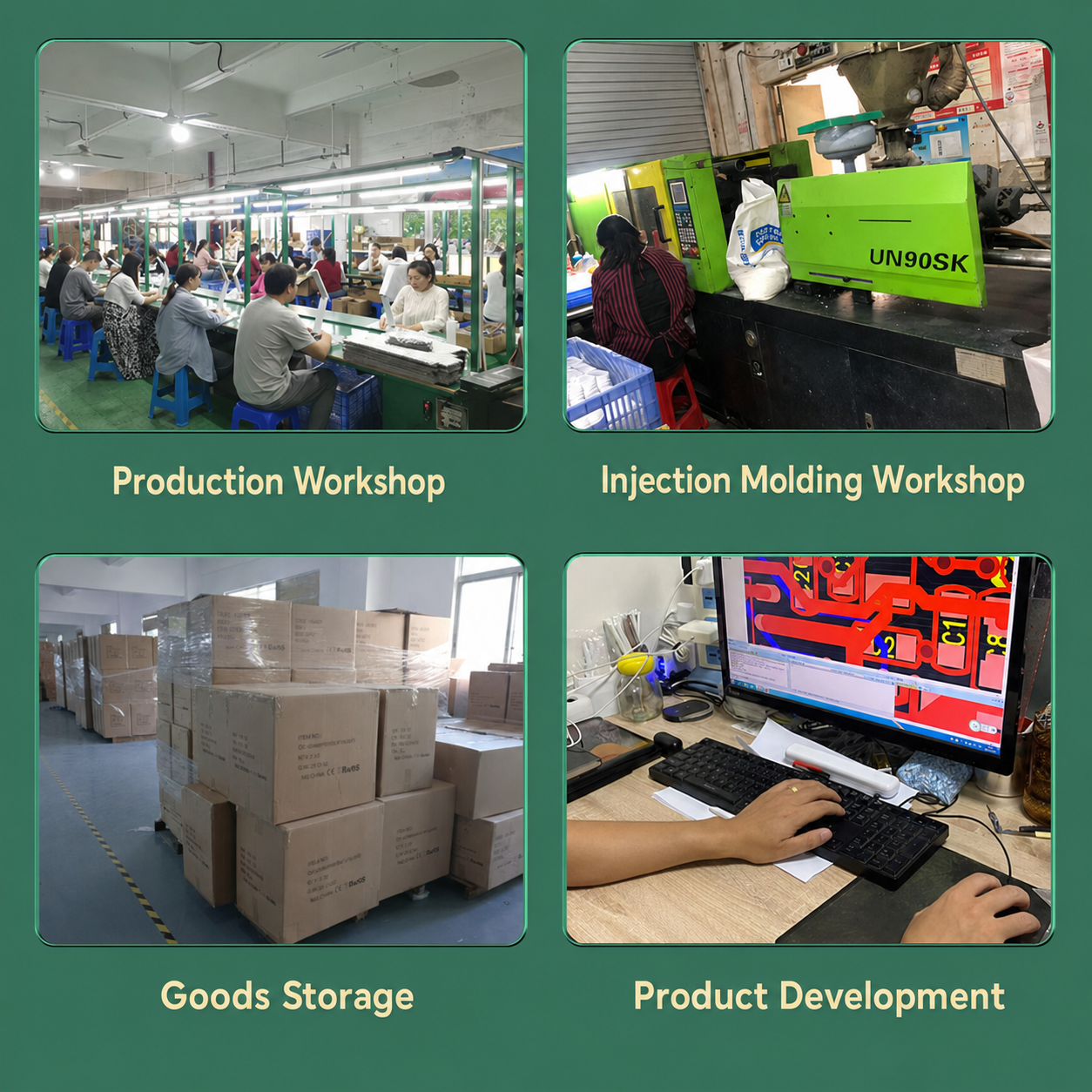 Manufacturing workshop images showing production, injection molding, goods storage, and development.