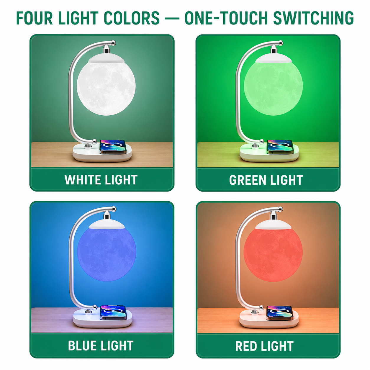Moon lamp with four color lights: white, green, blue, and red.