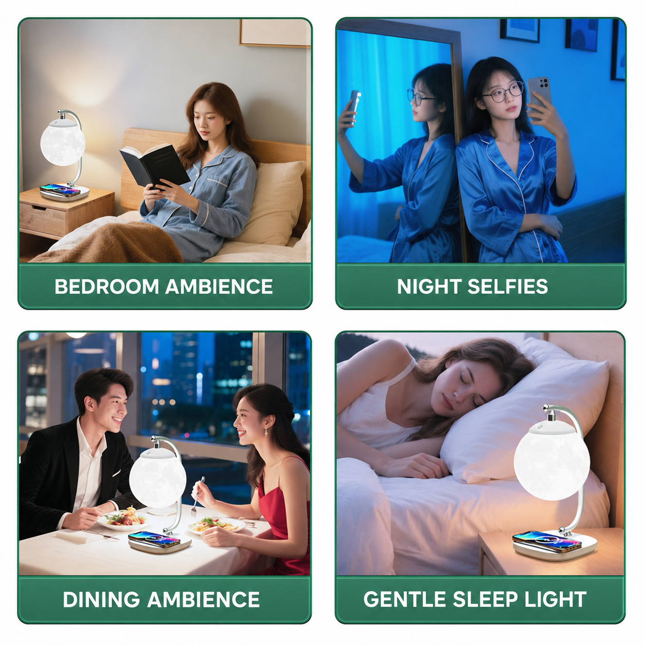 Moon lamp bedside lighting shown in bedroom, night, dining, and sleep scenes.