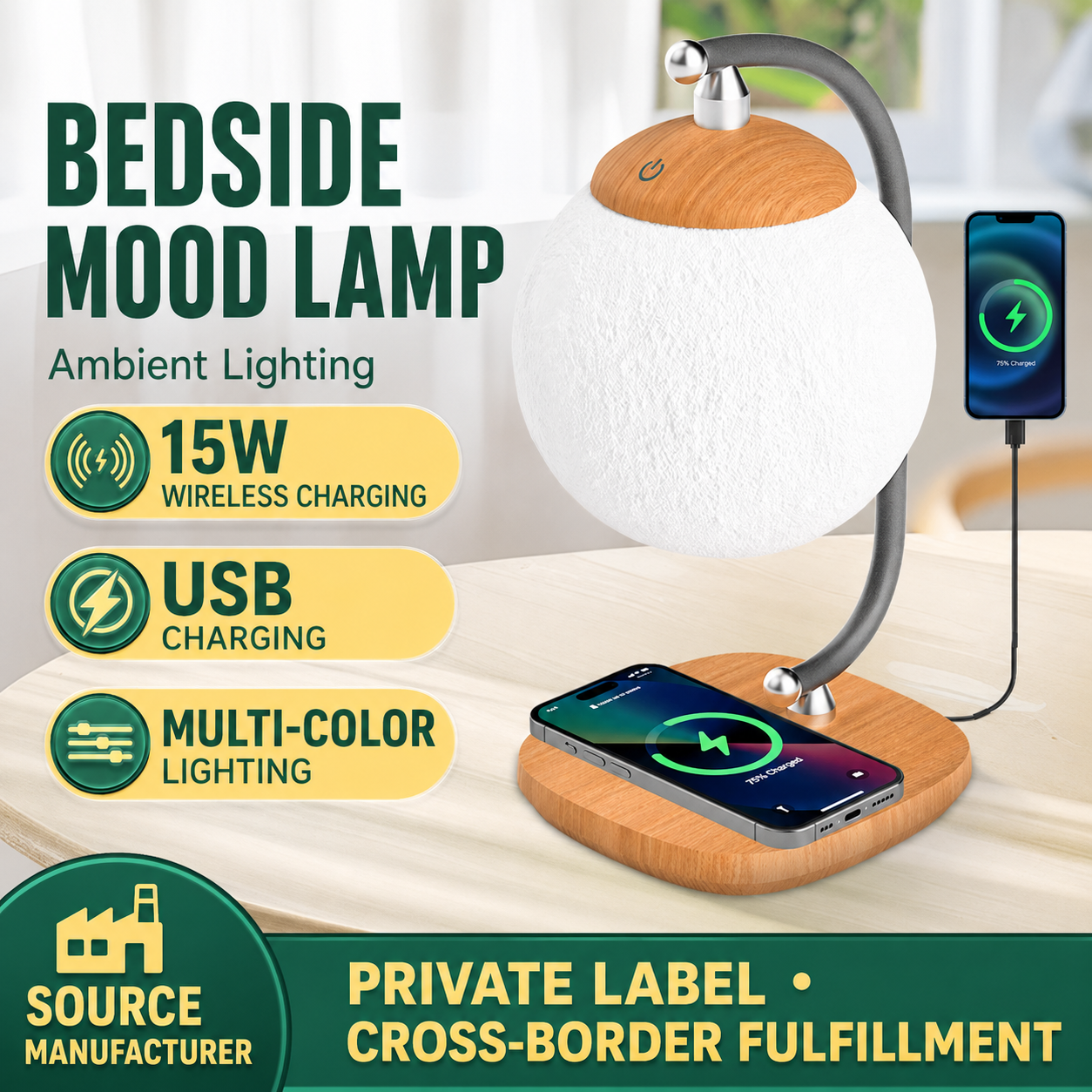 15W bedside moon mood lamp with wireless charging base and flexible gooseneck.