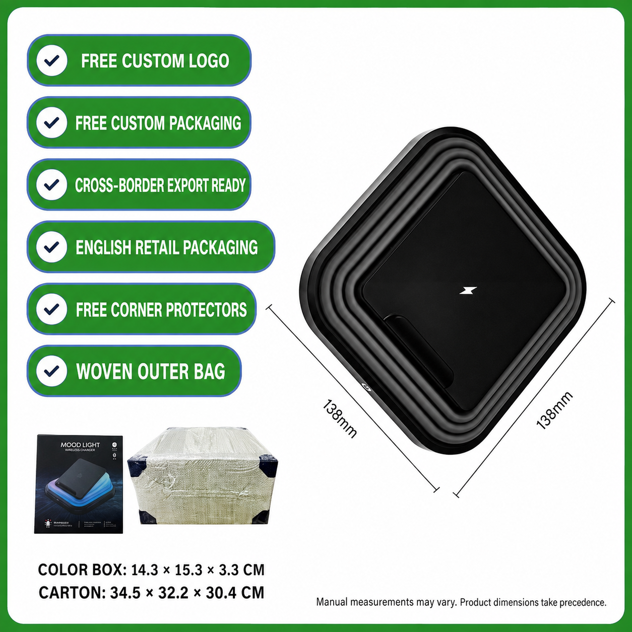 Wireless charging moon lamp box, black lamp with curved charging stand and dimensions.