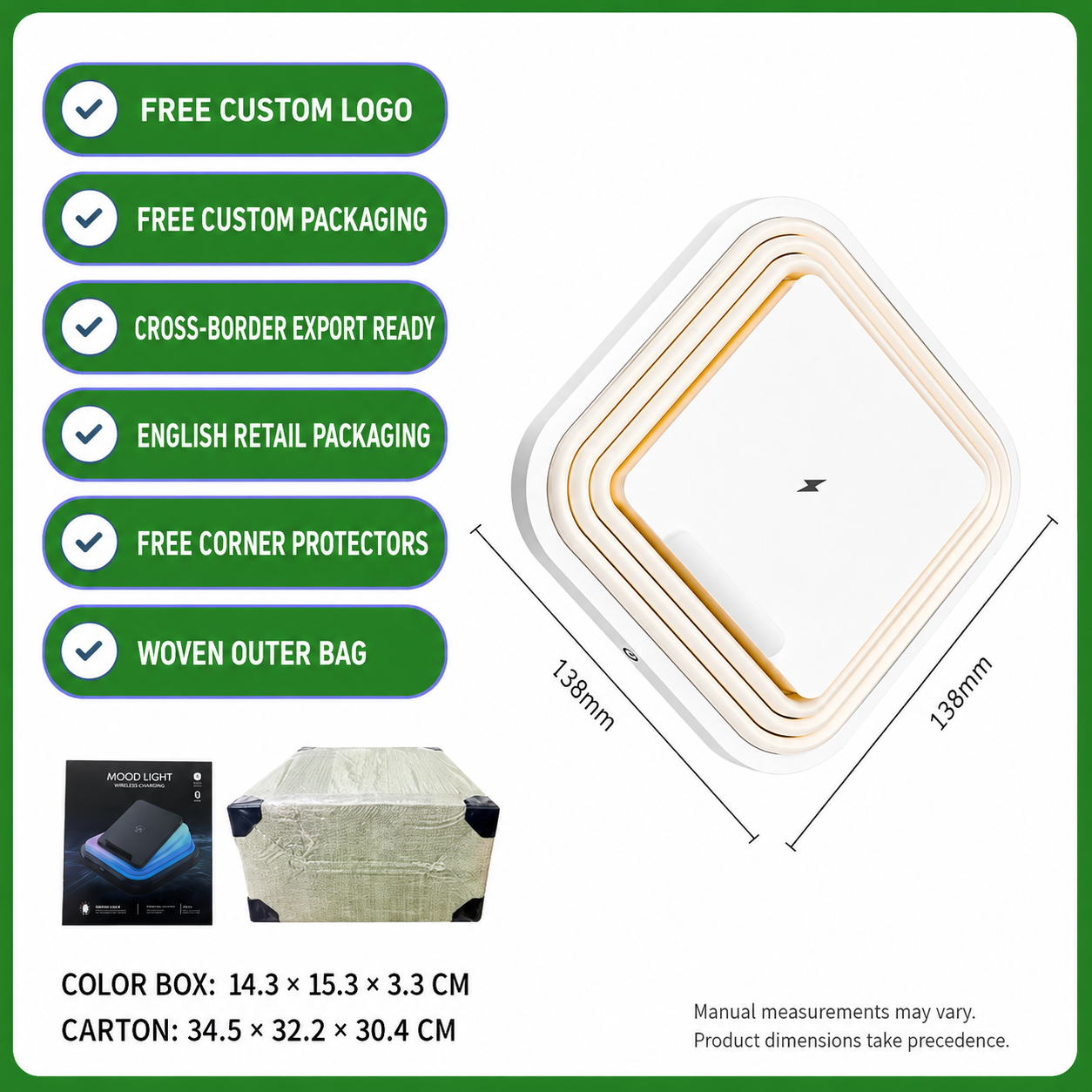 Wireless charging moon lamp box, white lamp with curved charging stand and dimensions.