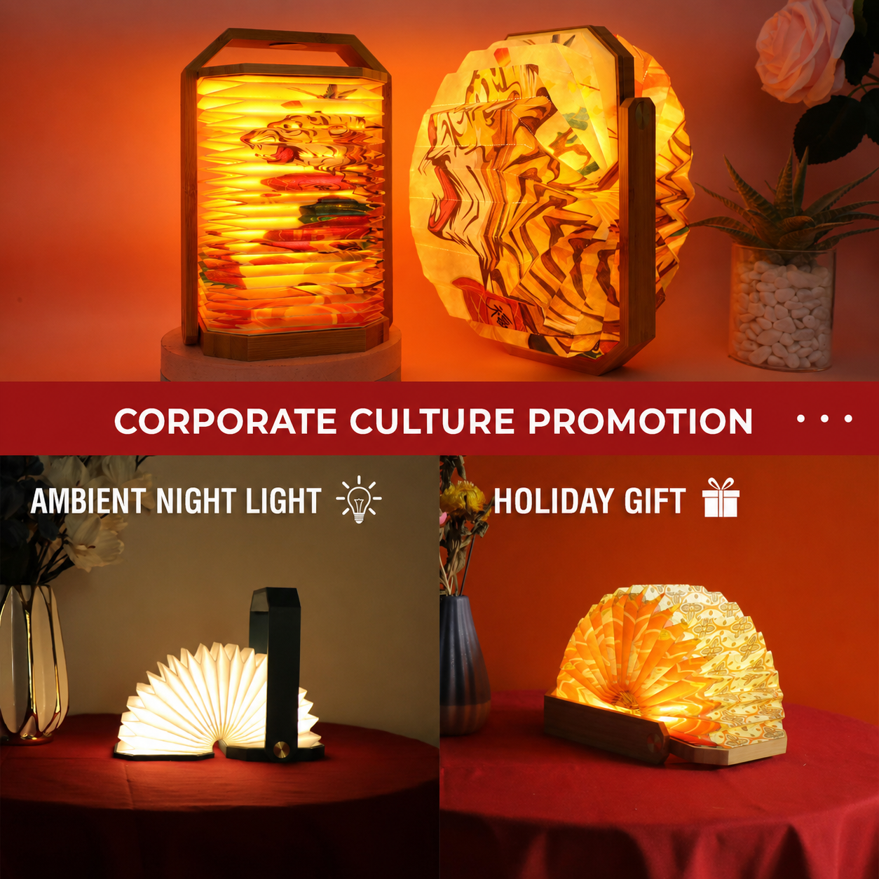 Foldable portable wooden lamp with warm light, hexagonal lantern-style shade