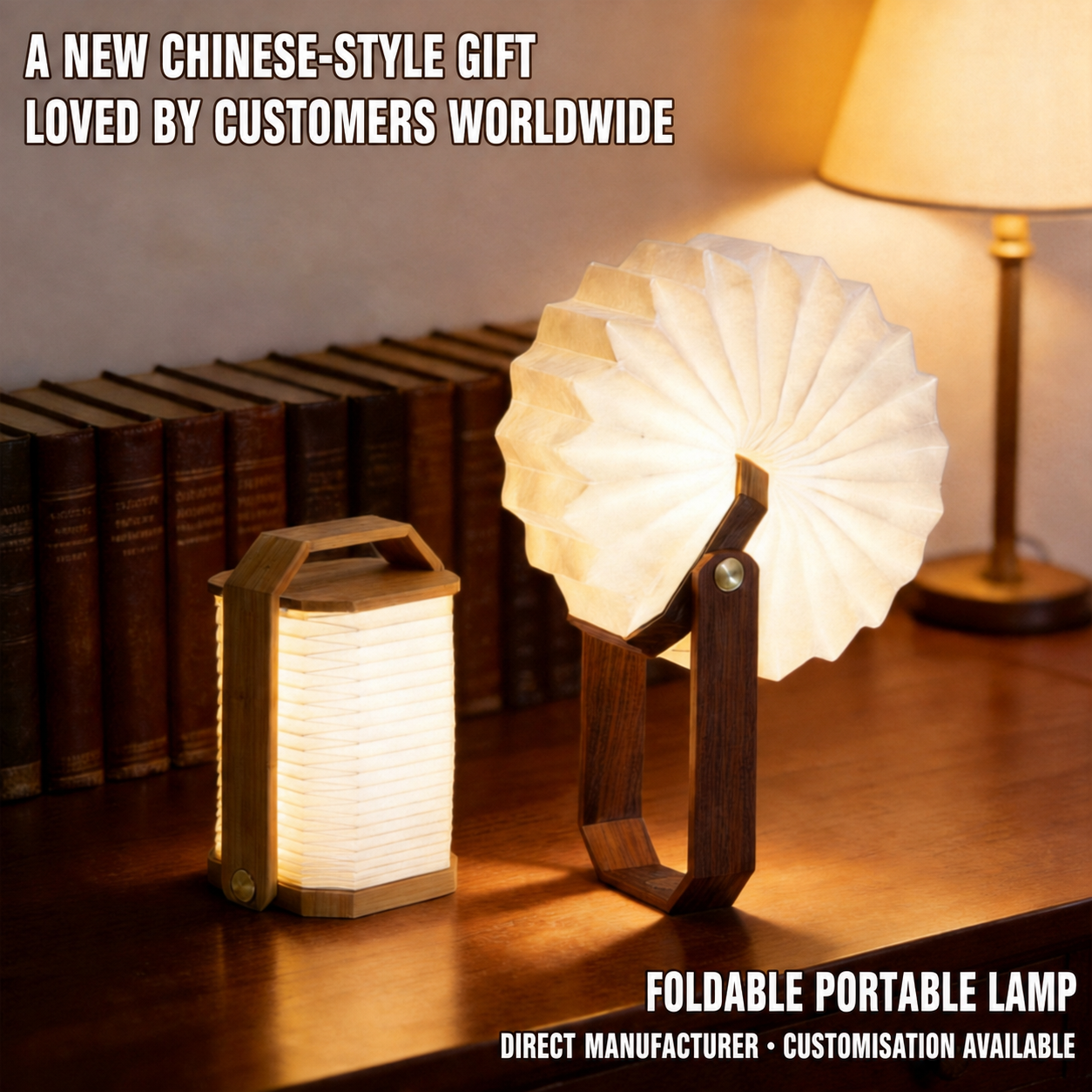 Foldable portable wooden lamp with warm light glowing, on a wooden stand