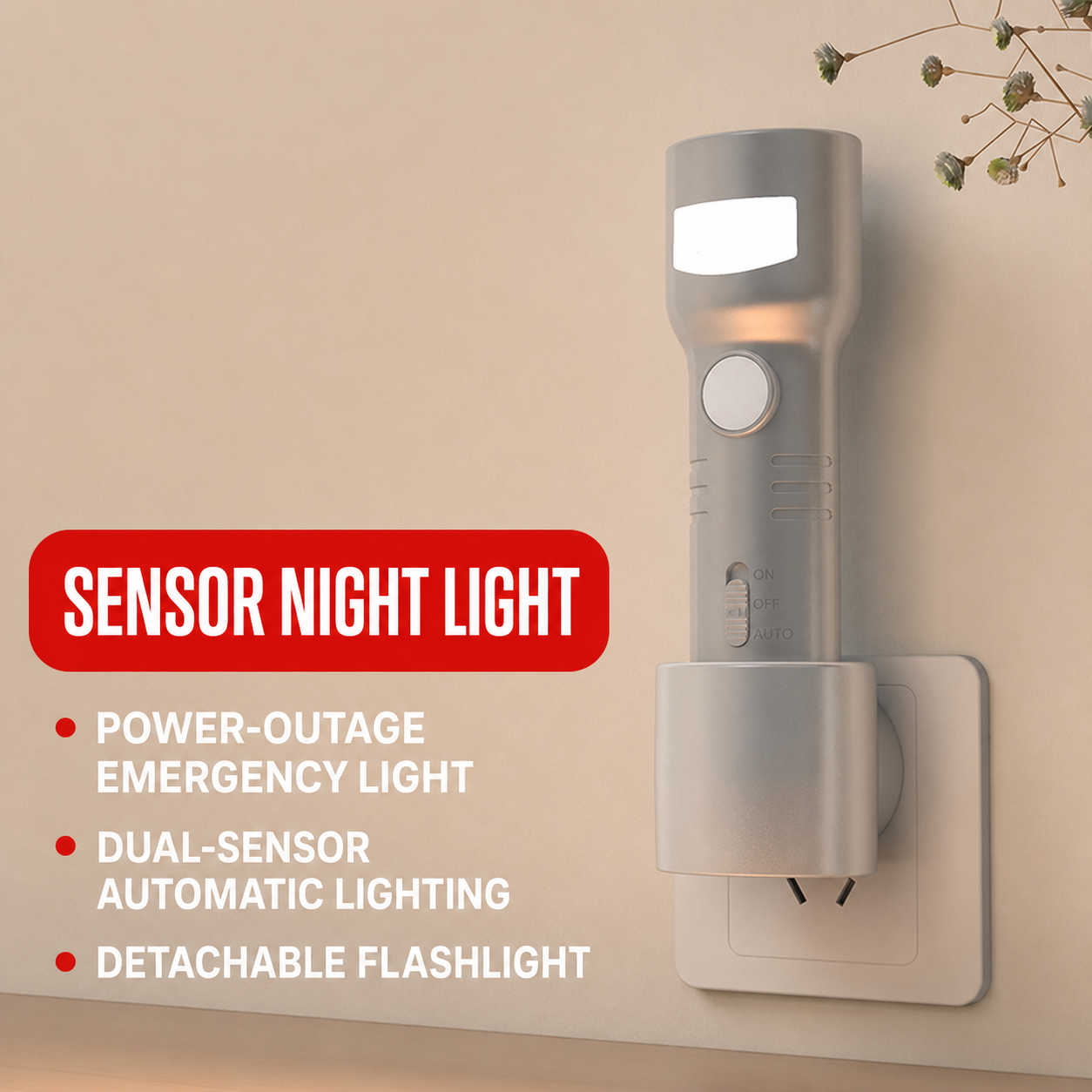 Rechargeable motion-sensor night light with detachable flashlight, wall-mounted and glowing