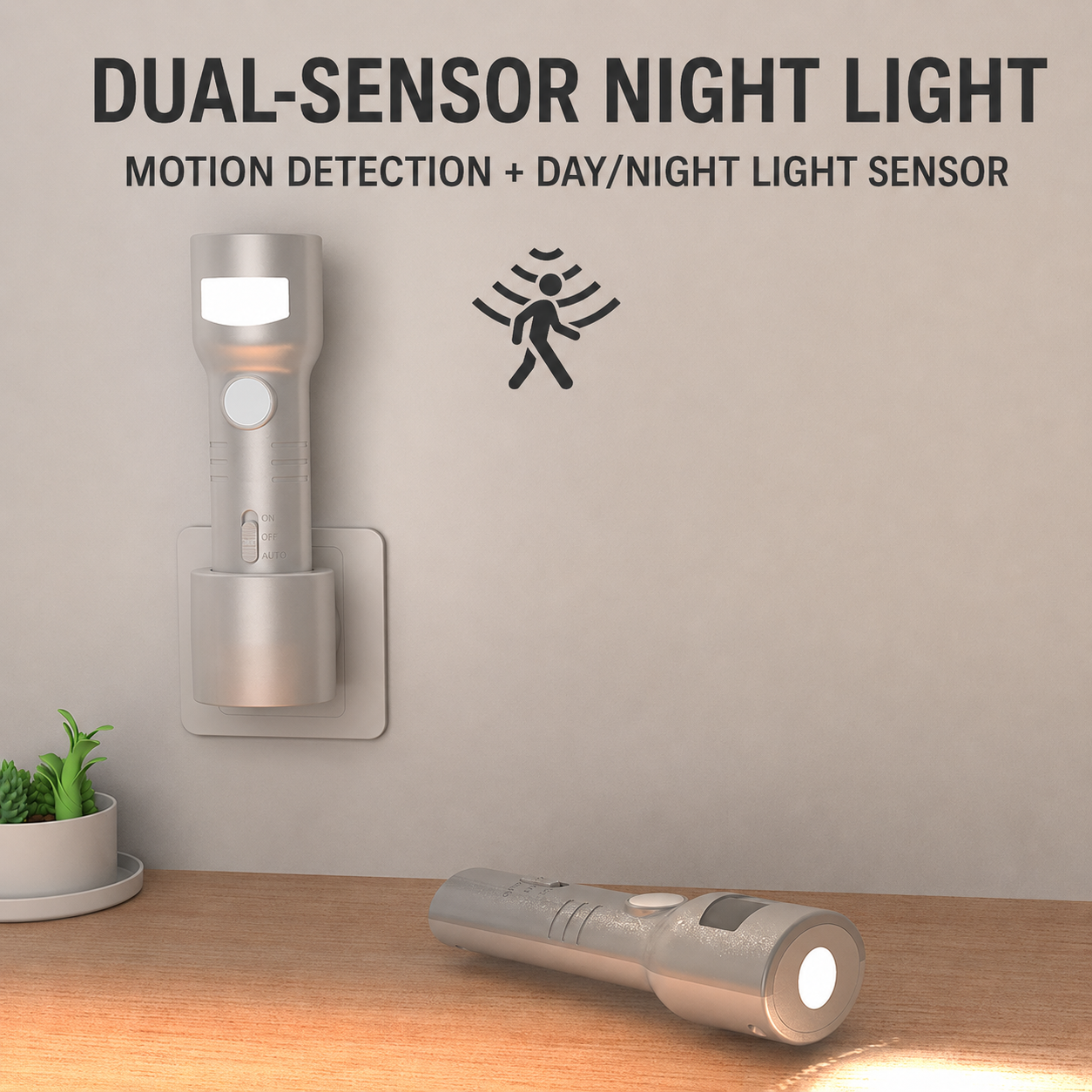 Dual-sensor night light with wall mount and detachable emergency torch on tabletop