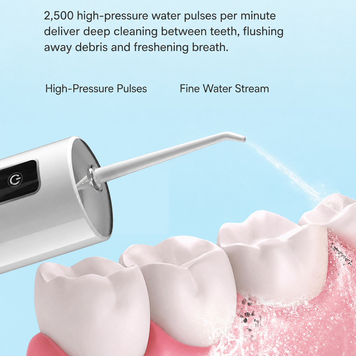 Water flosser spraying between teeth with water pulses; soft blue background.