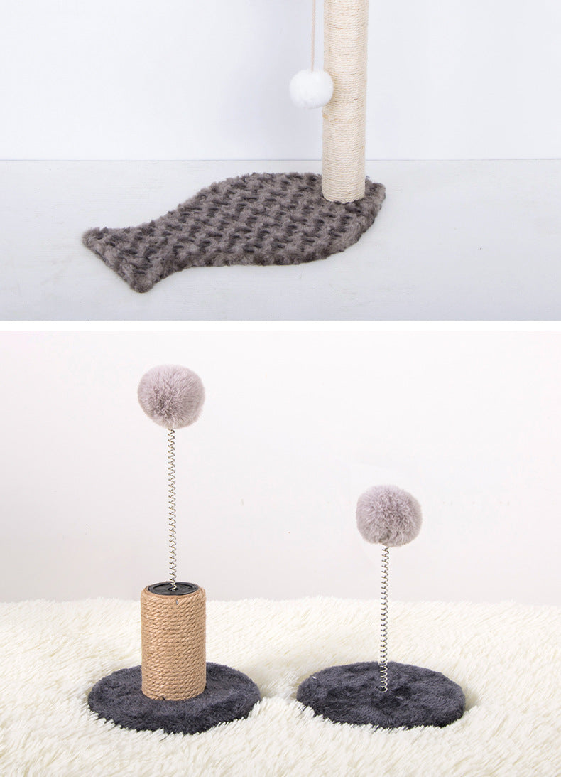 Cat scratching board set with sisal posts, round pads, and hanging ball toys