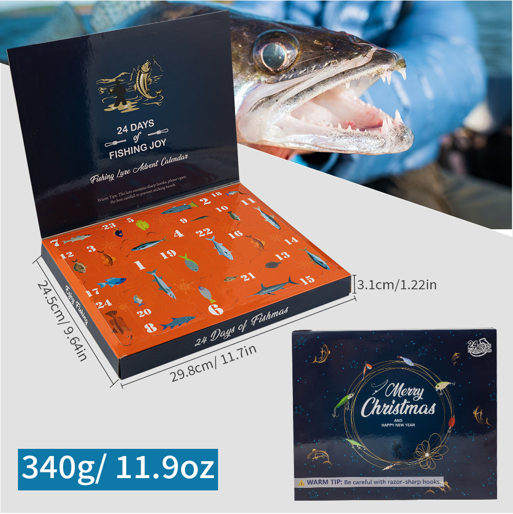 Fishing lure advent calendar package with open lid, lure graphics, and weight label