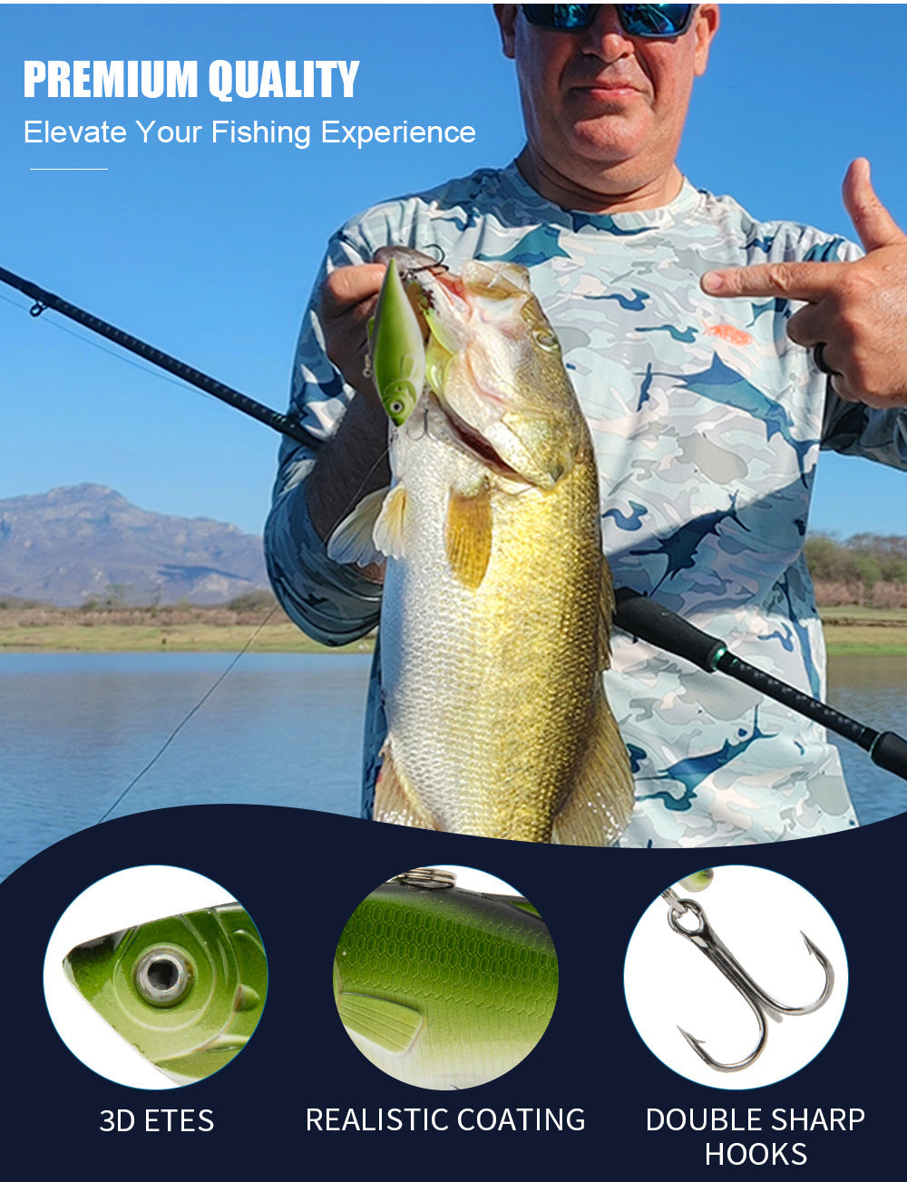 Fishing lure gift design showing a caught bass and three lure feature callouts