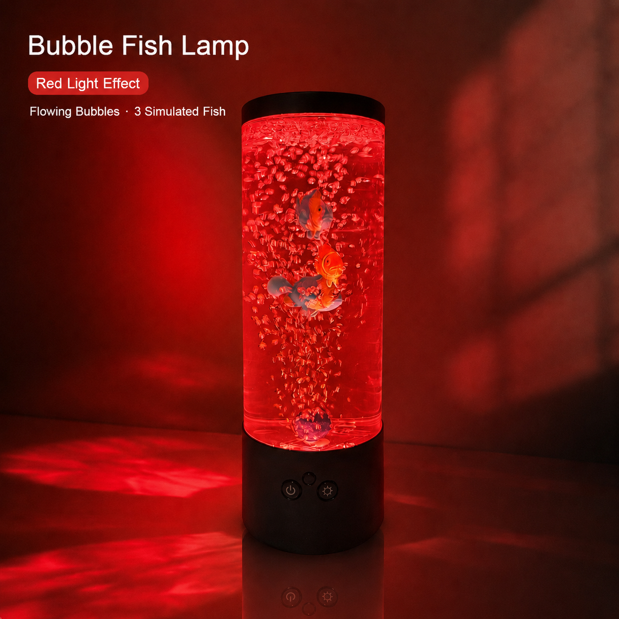 Color-changing bubble fish aquarium lamp with black base, red glowing tube with floating fish