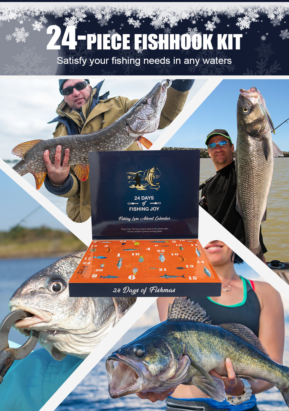 24-piece fishing lure kit packaging with blue and orange tackle box insert