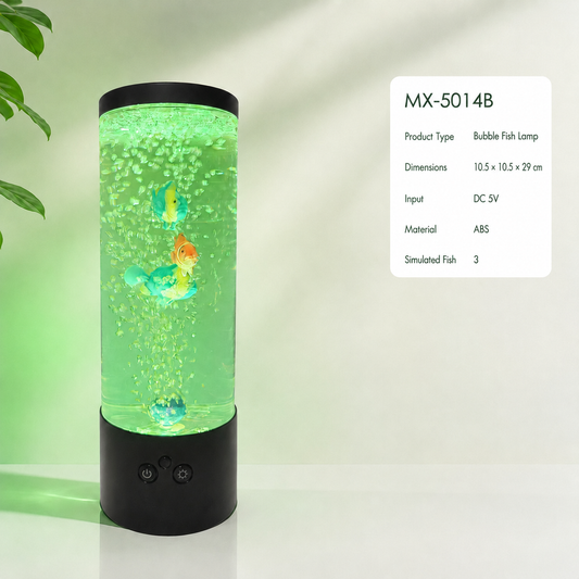 Color-changing bubble fish aquarium lamp with black base, green glowing tube with swimming fish