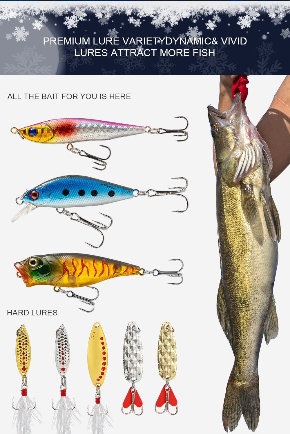 Assorted fishing lures set with colorful crankbaits and spinners