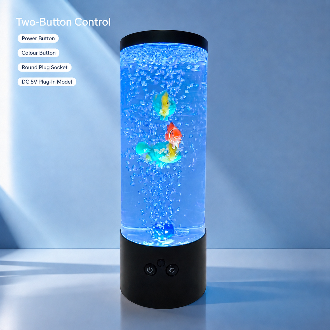 Color-changing bubble fish aquarium lamp with black base, blue glowing tube with colorful fish