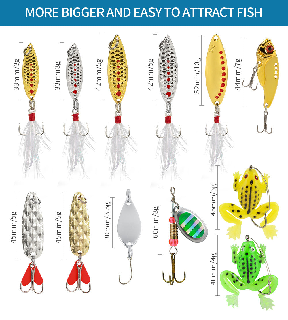 Feather-tailed fishing lures plus frog and spinner designs with visible hooks