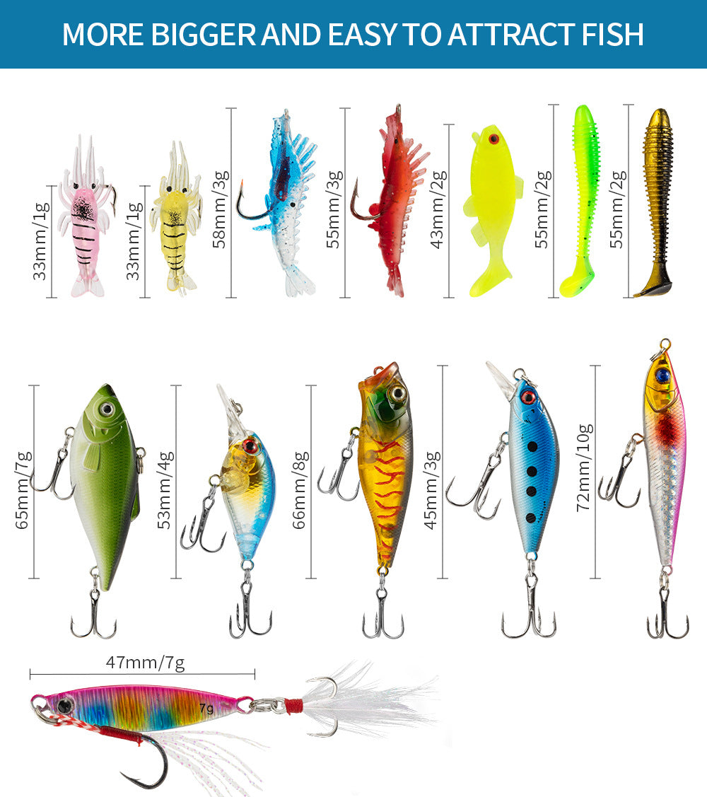 Assorted fishing lures with size measurements on a white display background