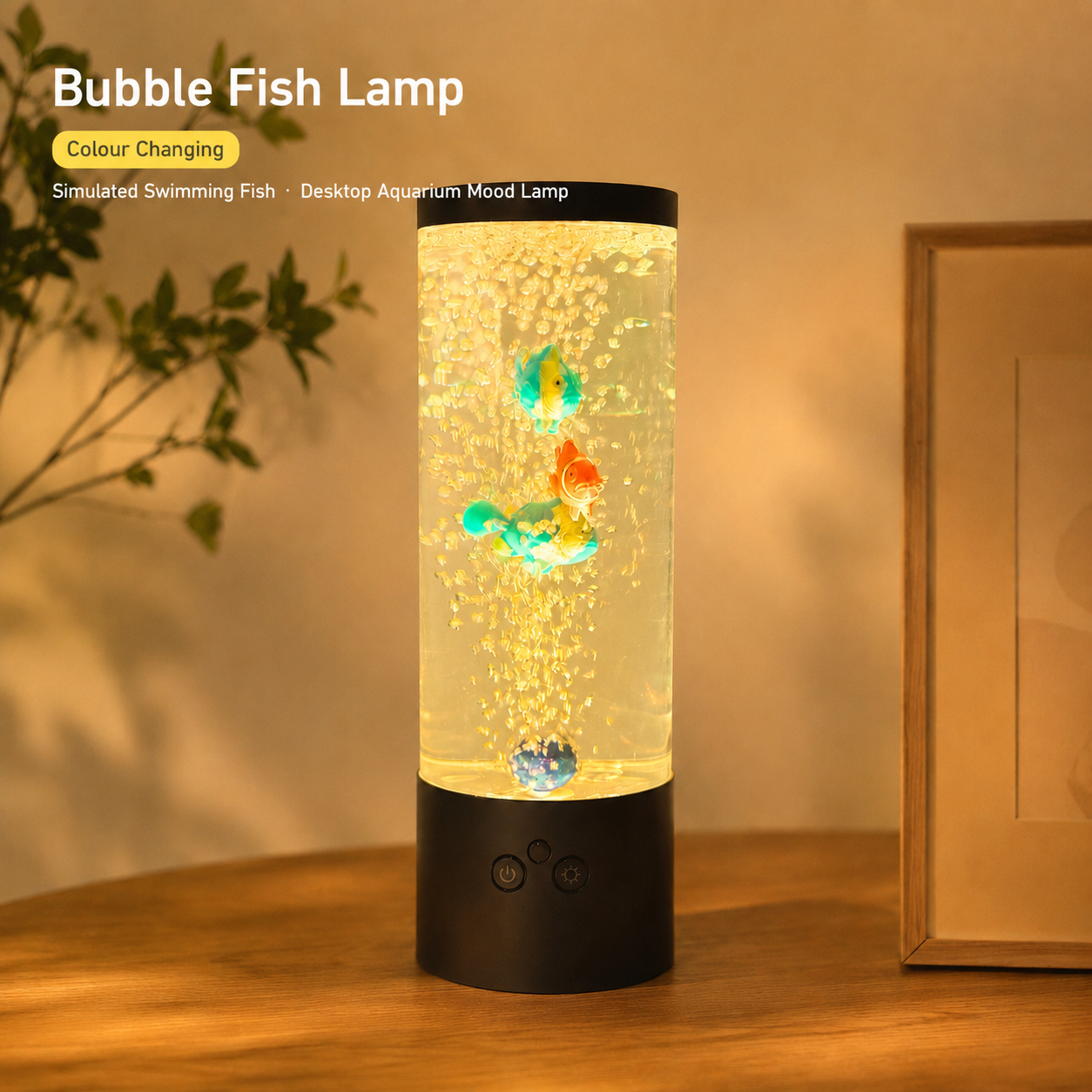 Color-changing bubble fish aquarium lamp with black base, yellow glowing tube with orange and teal fish