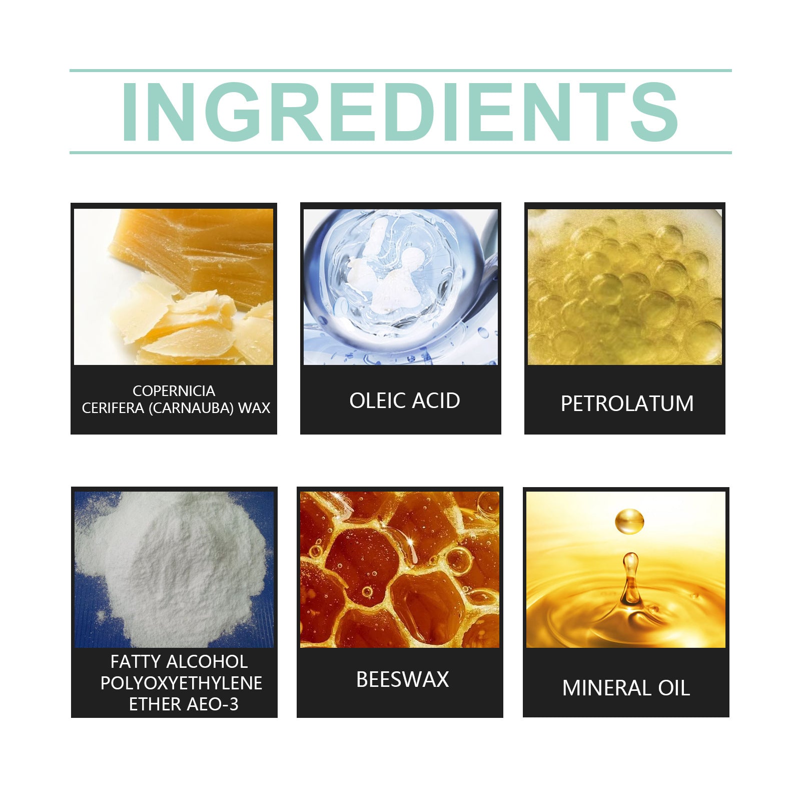 Furniture salve ingredient panel with waxes, oils, and fatty alcohol derivatives