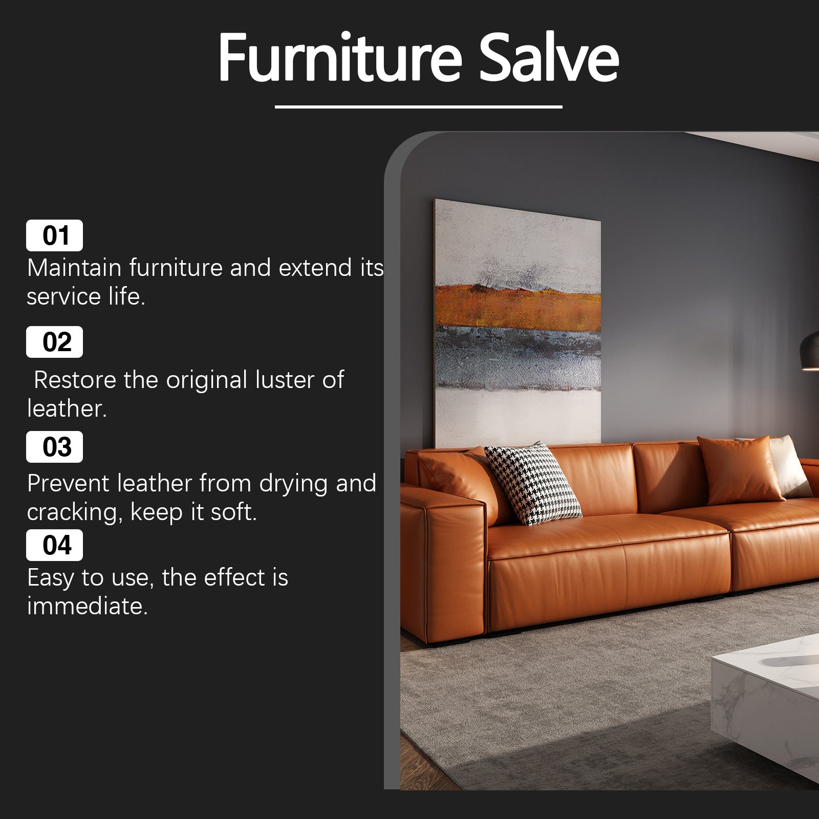 Furniture salve product card with brown leather care tin and small brush