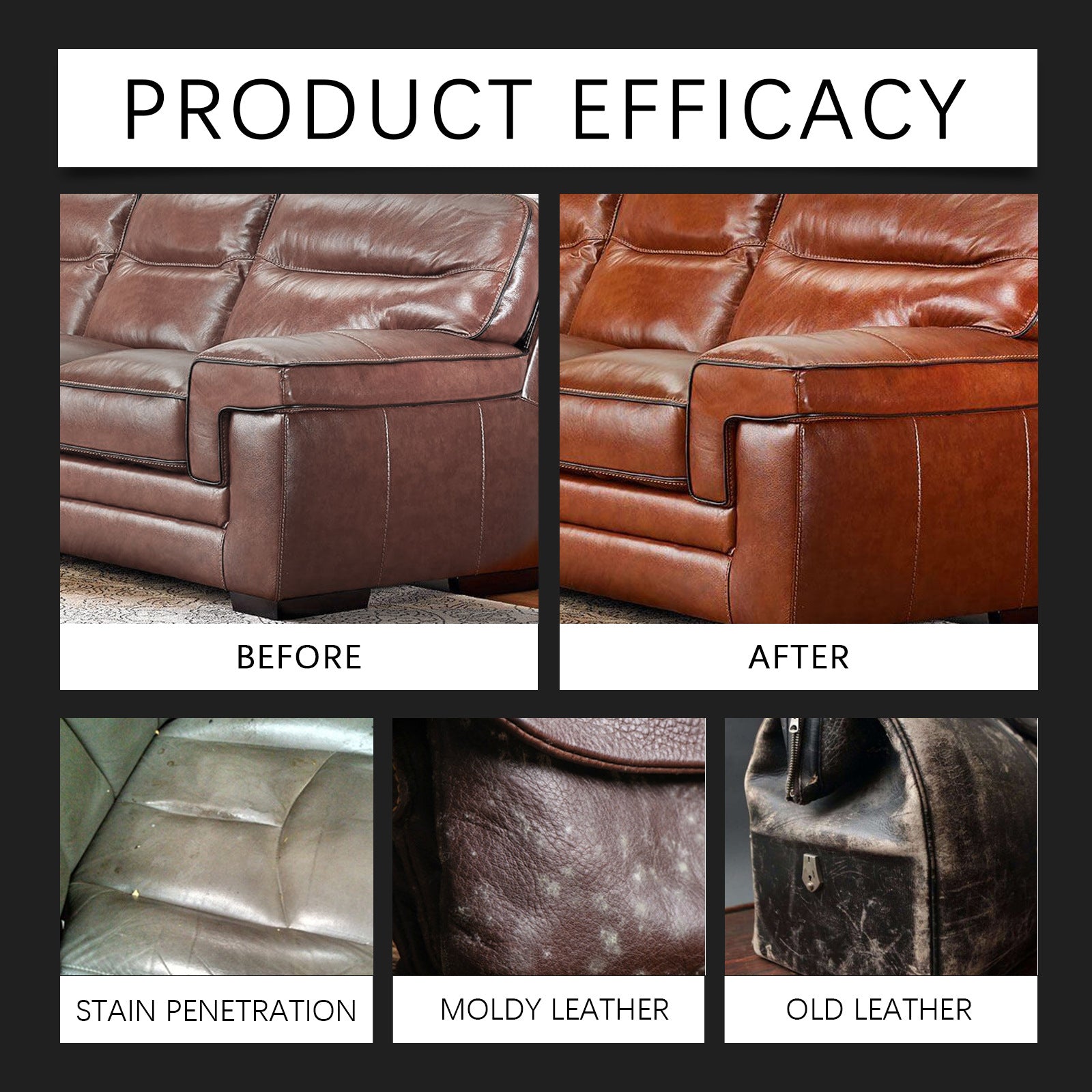 Before-and-after leather conditioner results on brown and dark leather upholstery