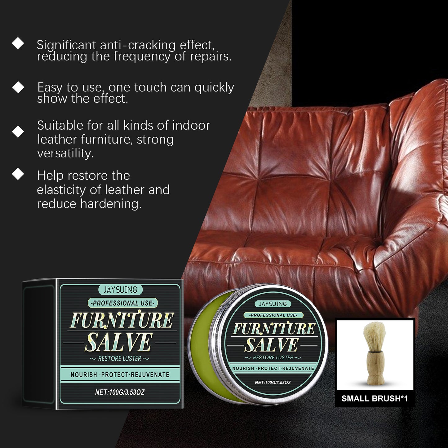 Furniture salve leather conditioner tins and small brush with brown leather couch backrest