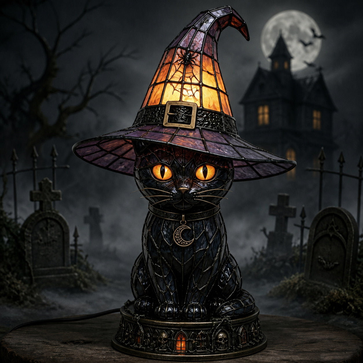 Stained Glass-Style Witch Hat Halloween Light Decoration