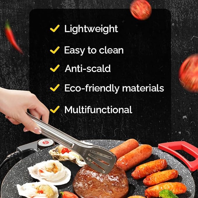 Electric non-stick grill hotplate with red side handles and spatula, sizzling food