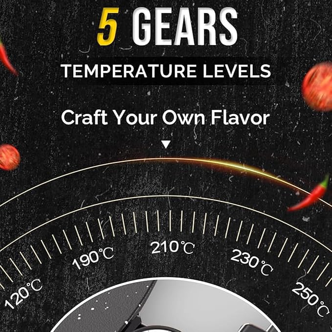 Electric grill hotplate temperature control dial with heat levels from 120°C to 250°C