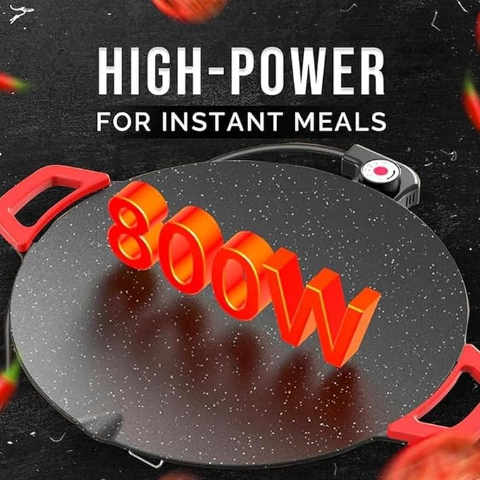 Electric non-stick grill hotplate with red side handles, speckled gray round cooking plate