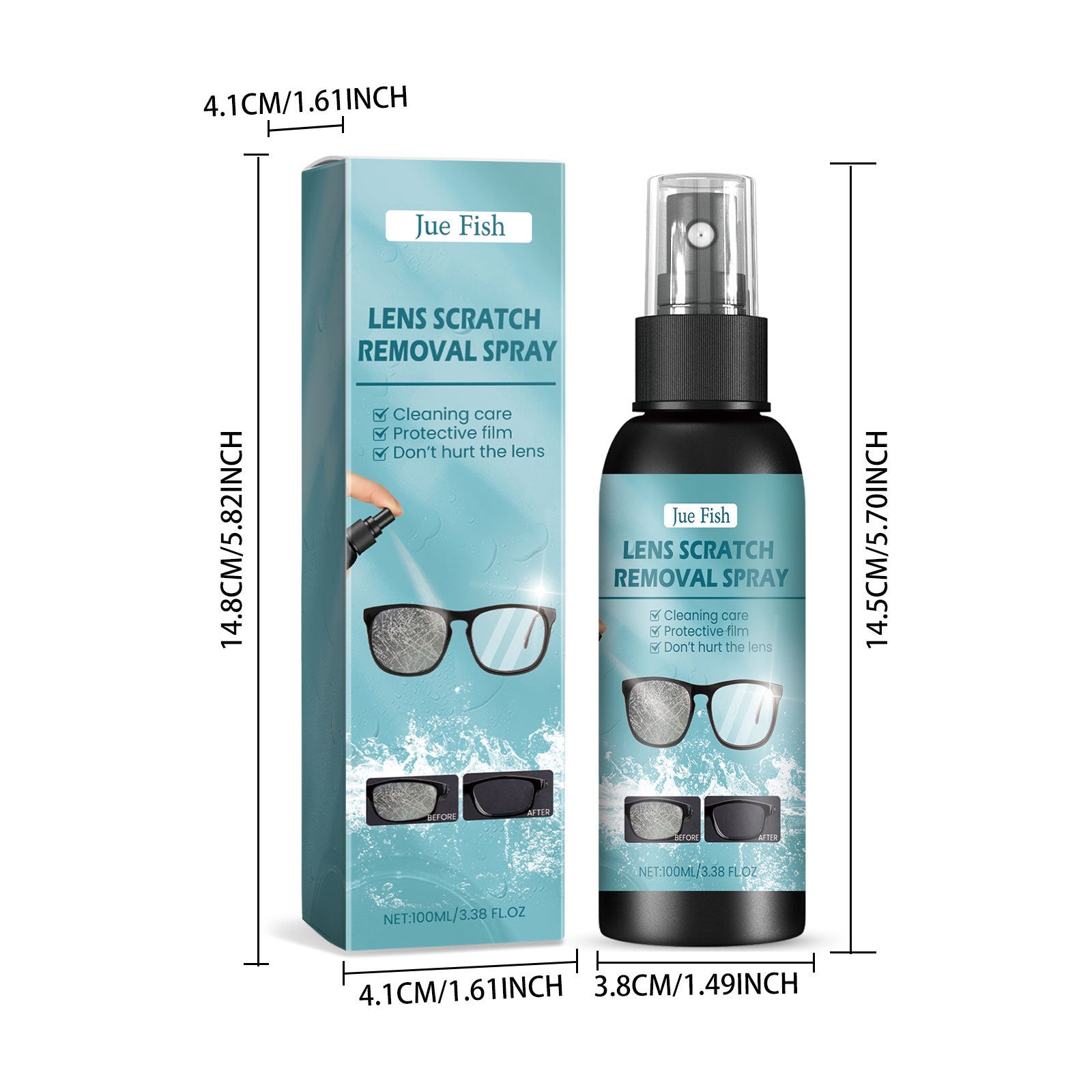 Lens scratch removal spray bottle and retail box with size measurements
