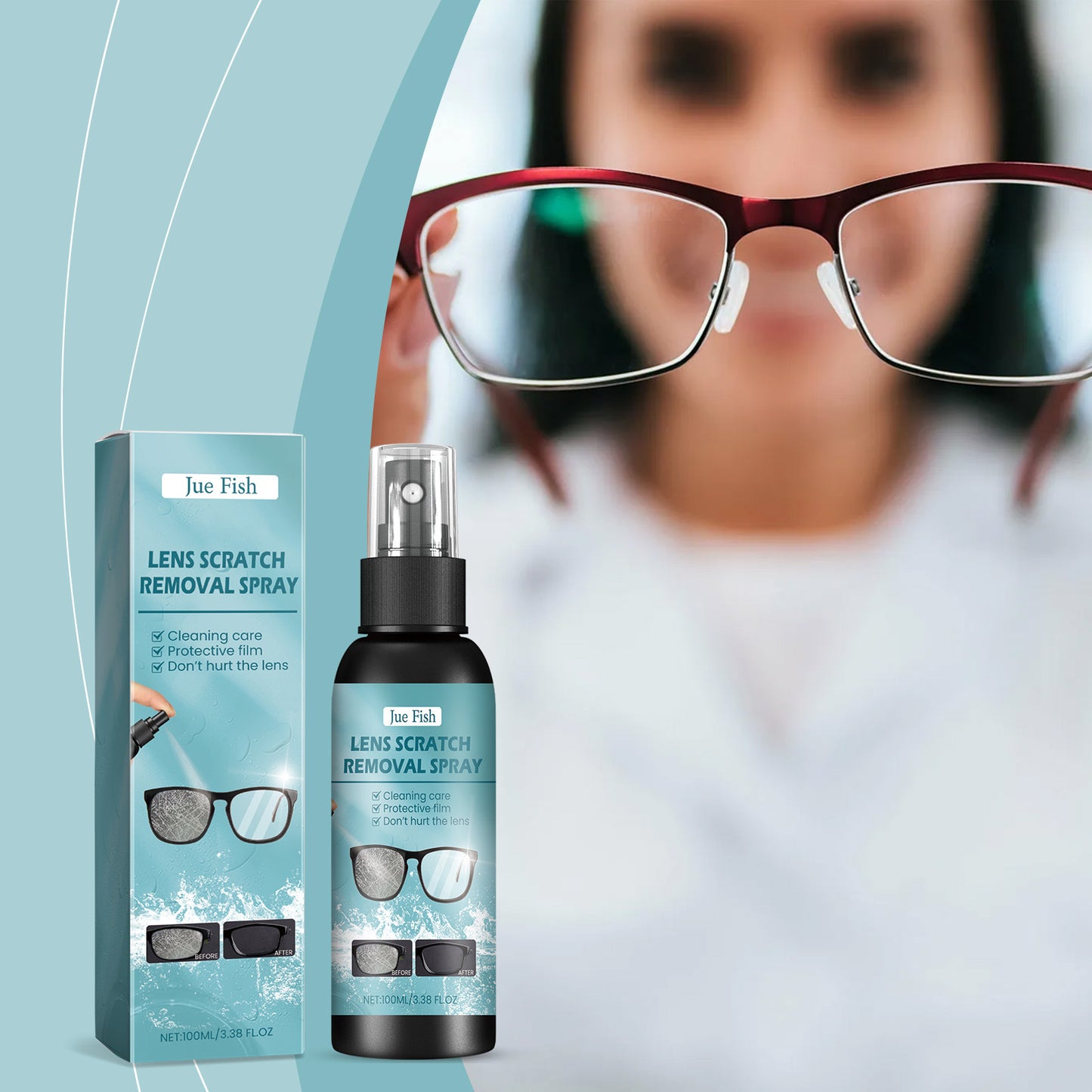 Lens scratch removal spray bottle and box beside eyeglasses