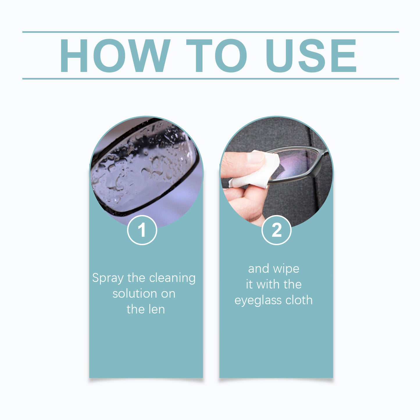 Lens scratch removal spray how-to steps showing spray and wipe on glasses
