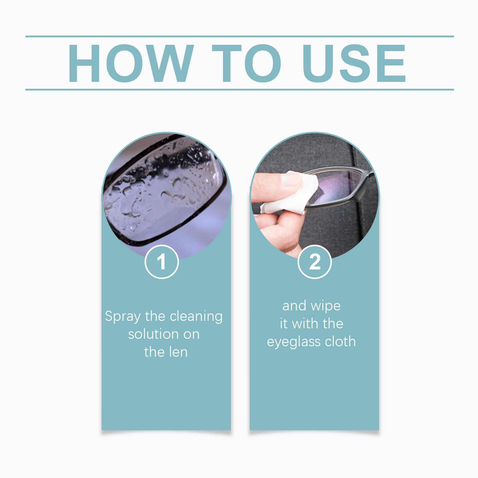 Lens scratch removal spray how-to steps showing spray and wipe on glasses