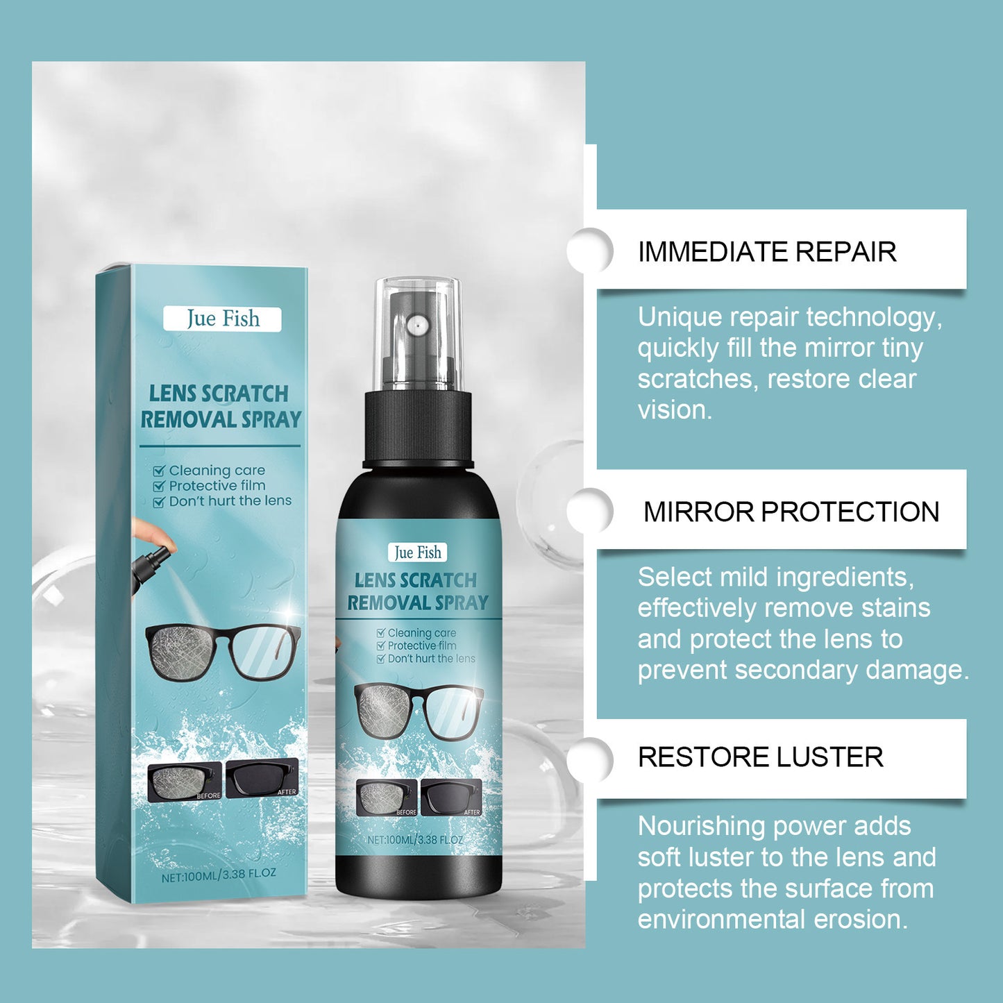 Lens scratch removal spray bottle and box with feature bullets