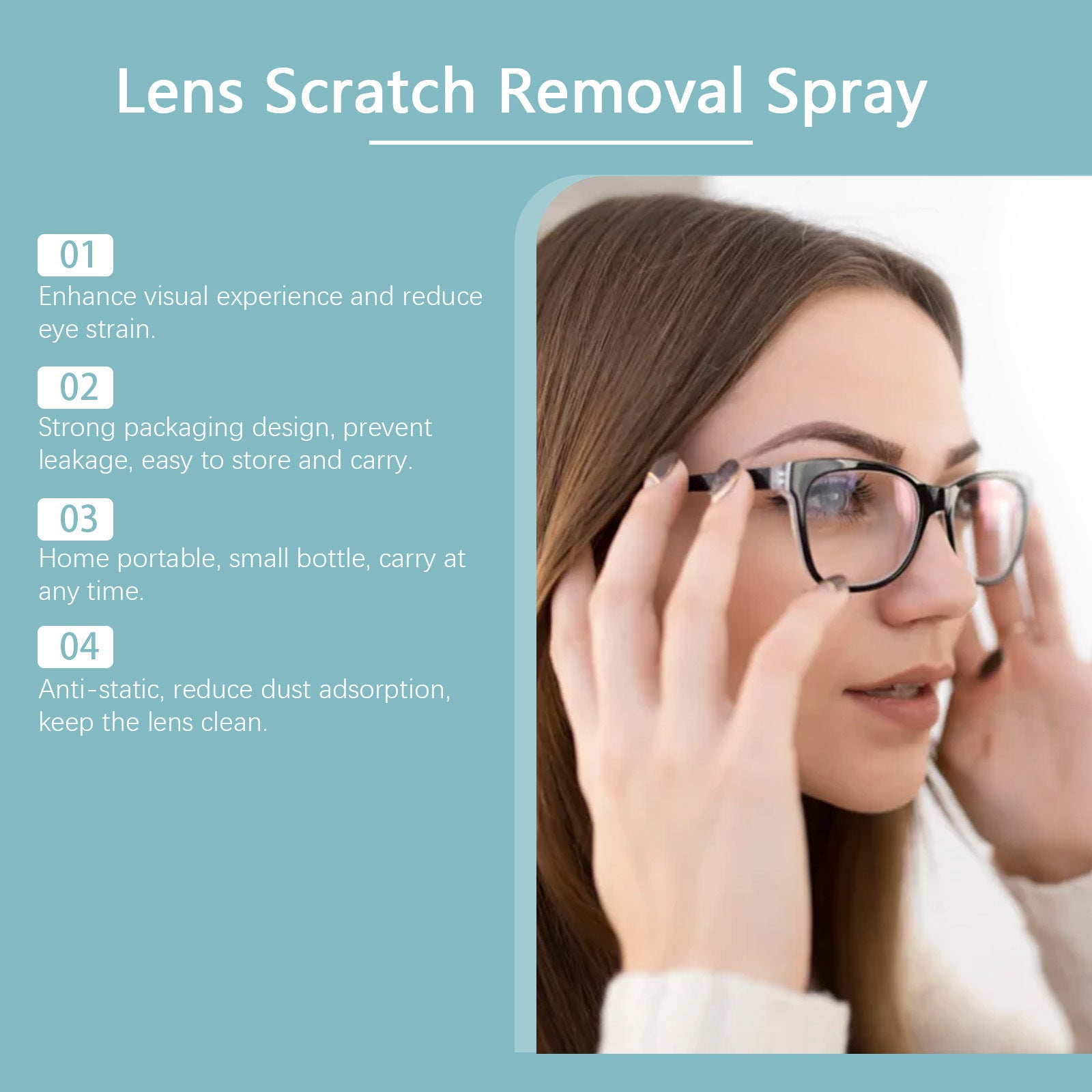 Lens scratch removal spray features panel with woman wiping eyeglasses
