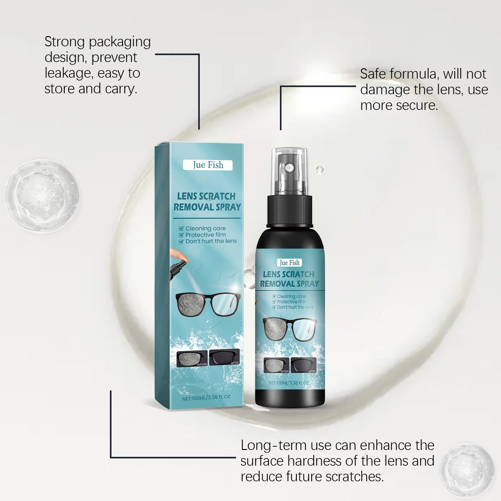 Lens scratch removal spray bottle and box with secure, rounded display