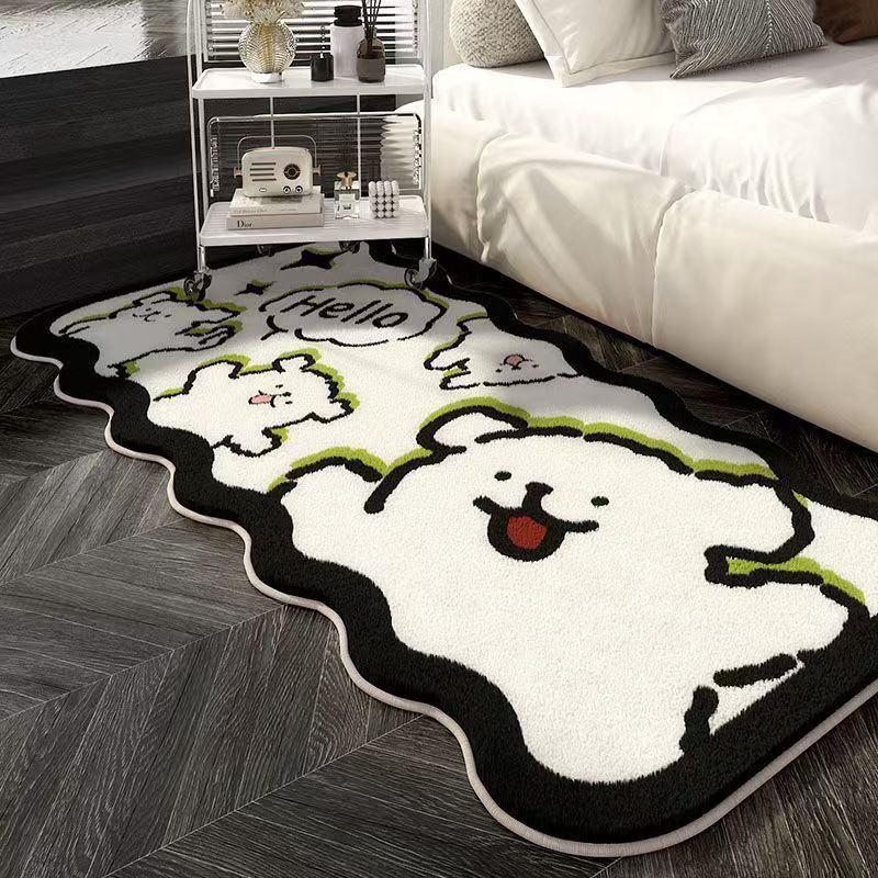 Black and white puppy bedroom mat, rectangular, green accents with smiling dogs