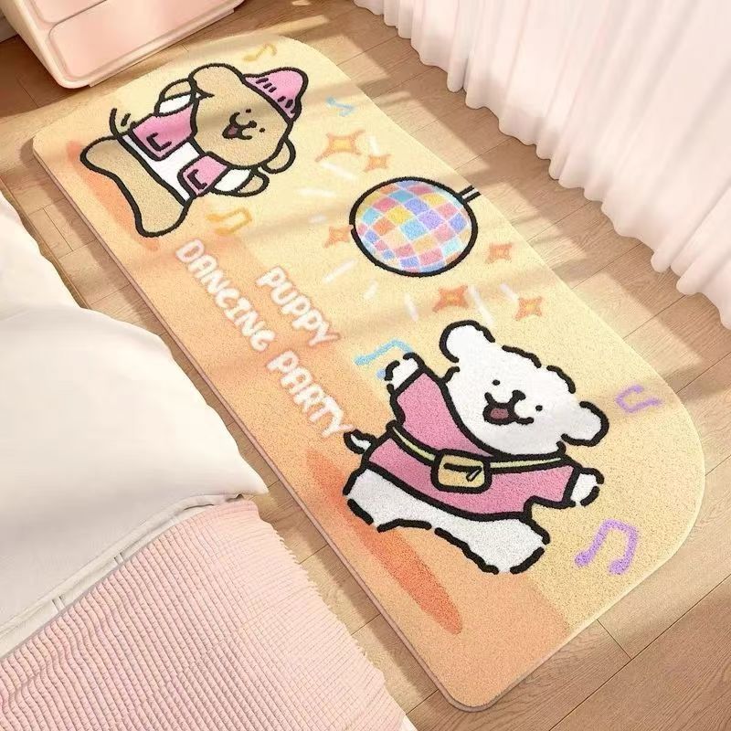 Pastel cartoon puppy bedroom mat, rectangular, full-figure puppy with hearts