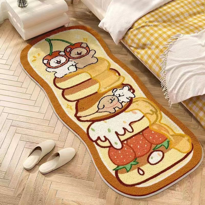 Yellow and brown bedroom rug mat with cartoon dogs in hats and sweaters
