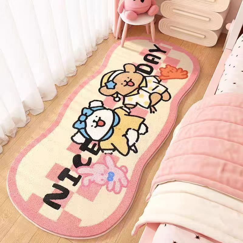 Cream and pink bedroom rug mat with cartoon puppy characters and bear accents