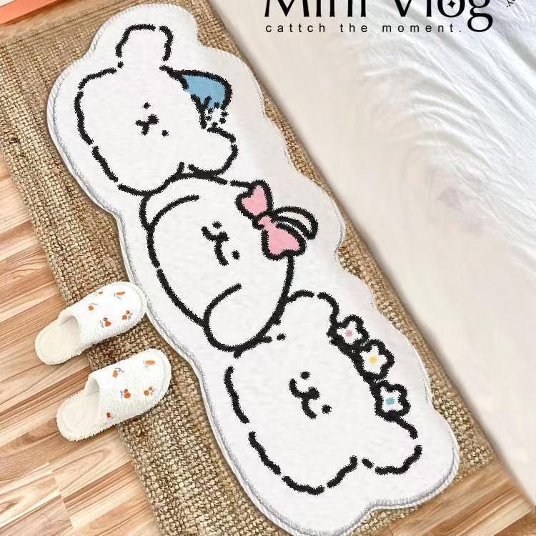Cream bedroom rug mat with cute white puppy faces and blue/pink accents