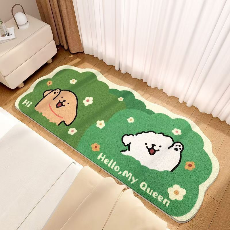 Green rectangular bedroom mat with two cartoon puppies and flower decorations