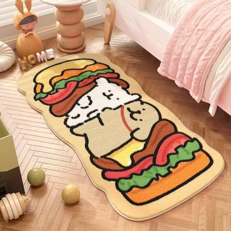 Cute puppy bedroom mat with beige background and orange-red blanket dog graphic