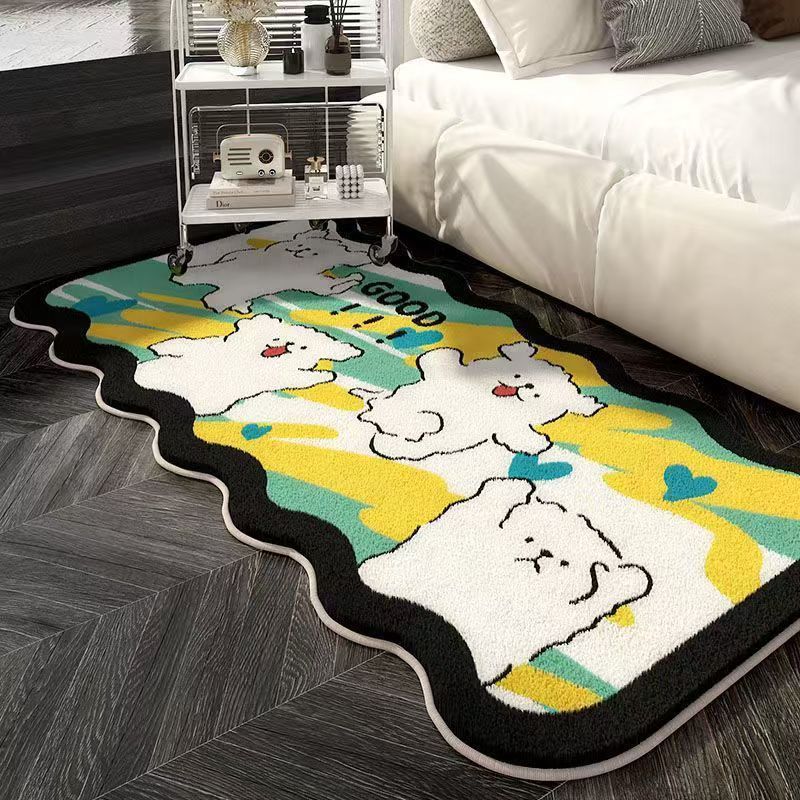 Cute puppy bedroom mat in black border with rainbow landscape and three puppies