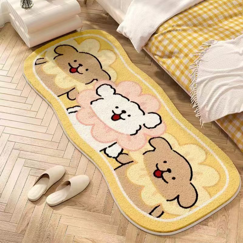 Puppy-themed bedroom mat, long yellow oval rug with five cartoon puppies in a row