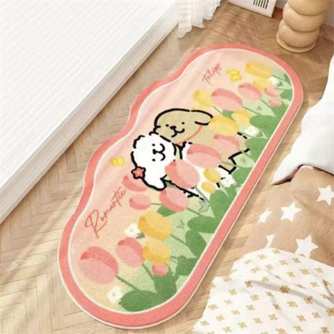 Cute puppy graphic bedroom mat, pink oval rug with two dogs and colorful paw prints